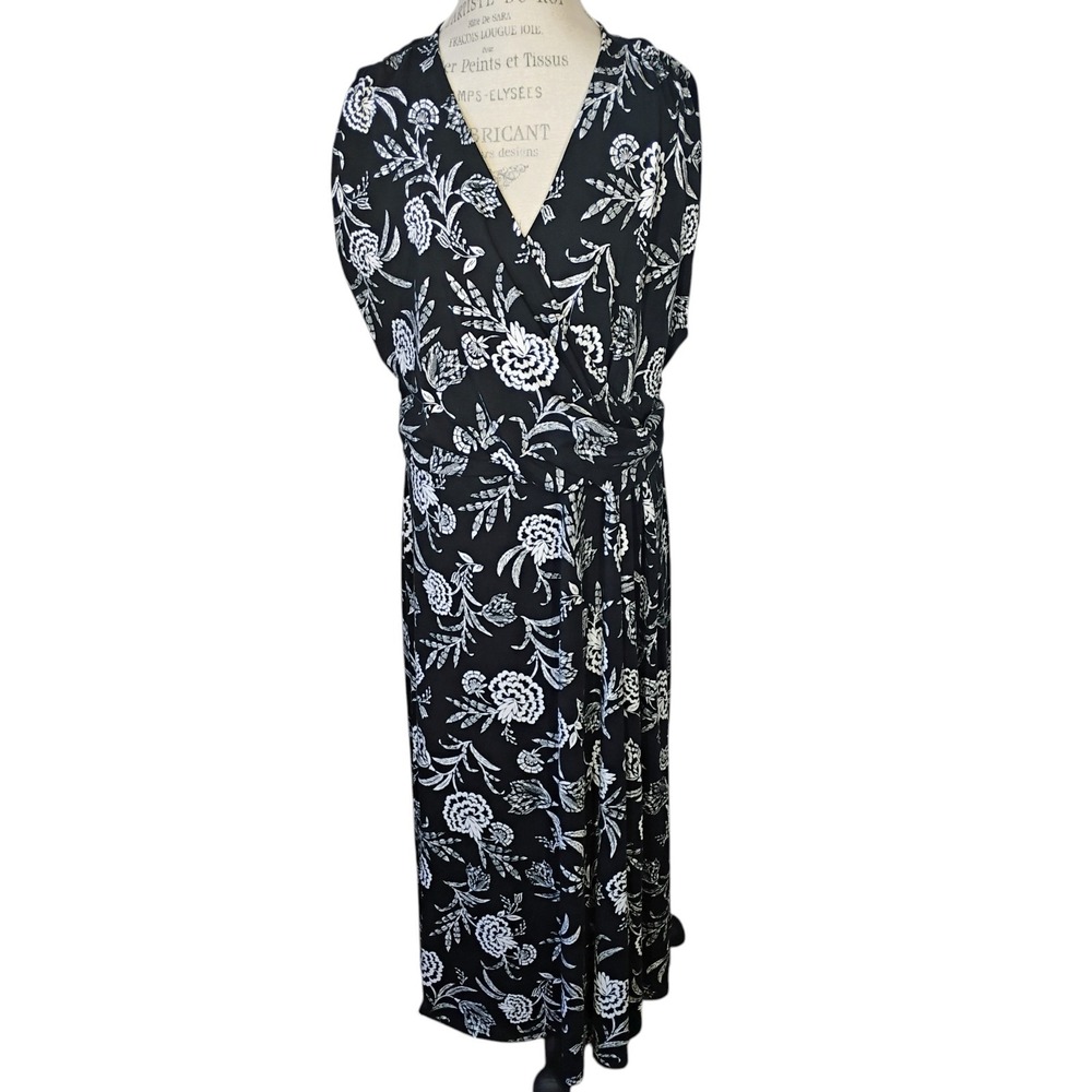 Lands End Maxi Dress Womens 2X Black White Floral Faux Wrap Ruched Pima Cotton‎